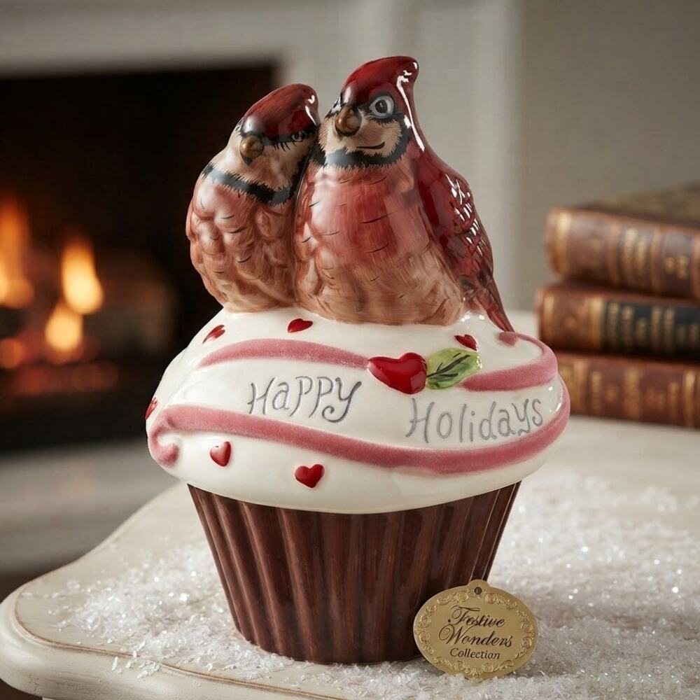 2012 Blue Sky Heather Goldminc Cardinal Cupcake Cookie Jar Happy Holidays